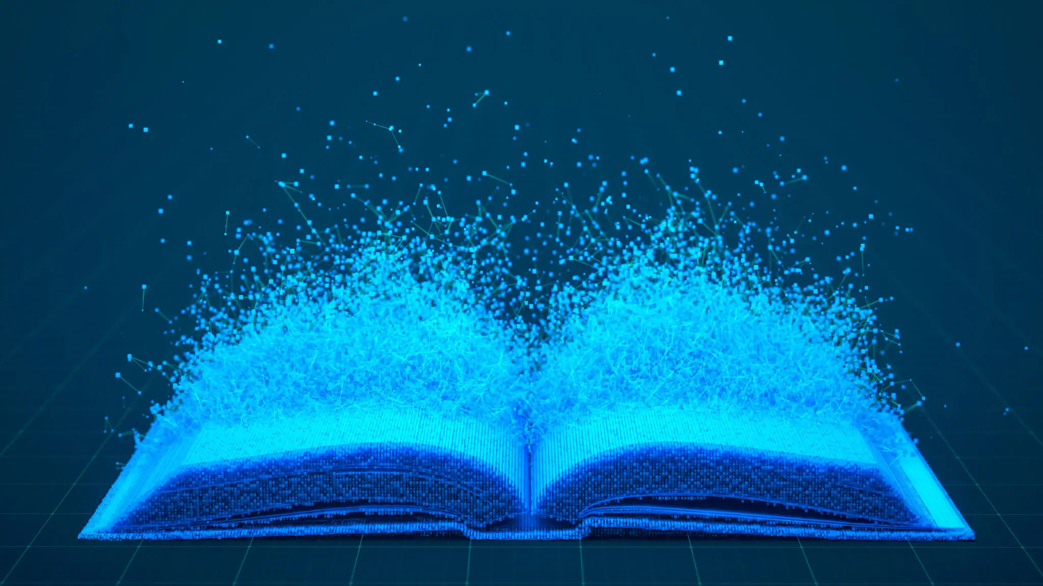 An open book emits a vibrant blue digital burst, symbolizing knowledge and innovation.